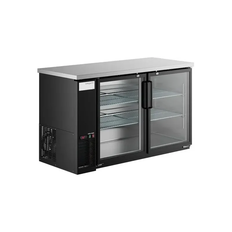 48-Inch Black Commercial Back Bar Refrigerator, 2-Door Glass, LED Lighting, Counter Height, Digital Controls, 13 Cu. Ft. Storage, Stainless Steel Top
