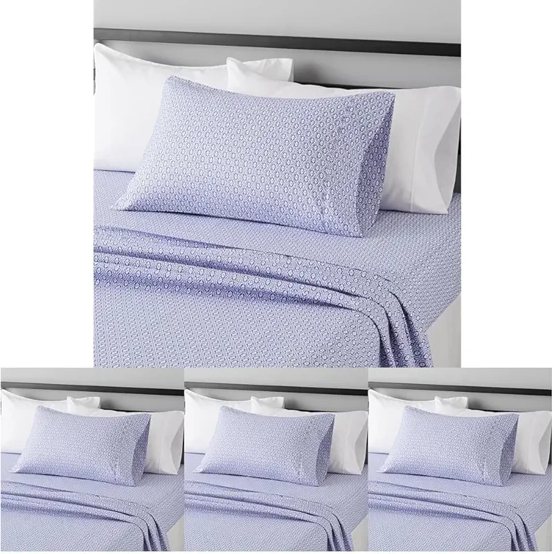 Amazon Basics Lightweight Super Soft Easy Care Wrinkle Free Microfiber 3 Piece Bed Sheet Set with 14-Inch Deep Pockets, Twin, Blue Damask, Printed, Kids, Men & Women Bedding (Pack of 4)