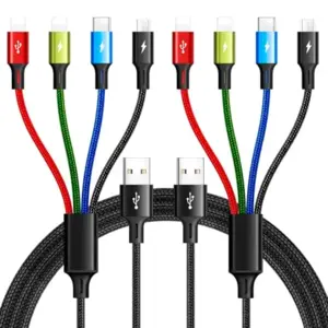 Multi Charging Cable 3.5A Multiple Charger Cable Braided 4 in 1 Multi USB Cable Fast Charging Cord with IP/Type C/Micro Ports for Cell Phones/iPhone Series/Tablets/Samsung Galaxy & More (2Pack 4Ft)