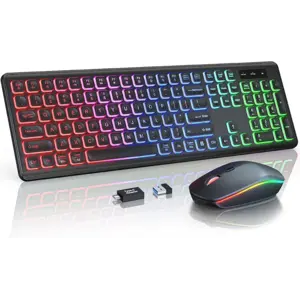 Wireless Keyboard and Mouse Combo, RGB Backlit, Rechargeable & Light Up Letters, Full-Size, Soft Typing, Sleep Mode, 2.4GHz Quiet Keyboard Set for Mac, Windows, Laptop, PC, Trueque KM42Pro (Black)