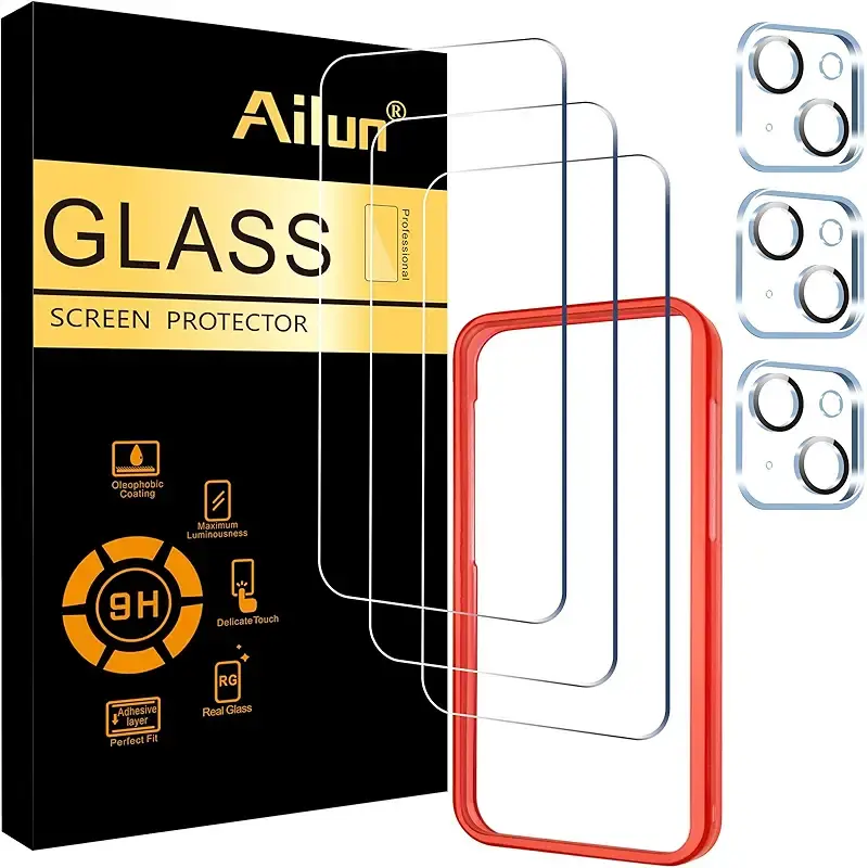 Ailun 3 Pack Screen Protector for iPhone 15 [6.1 inch] + 3 Pack Camera Lens Protector with Installation Frame,Case Friendly Tempered Glass Film,[9H Hardness] - HD