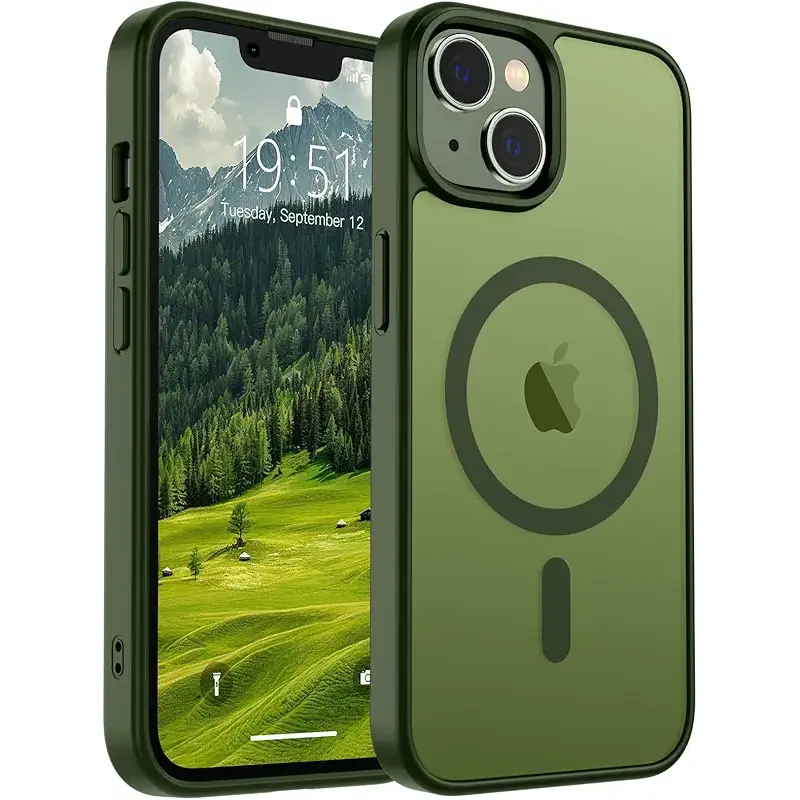 SUPFINE Magnetic for iPhone 14 Case & iPhone 13 Case (Compatible with MagSafe)(Military Grade Drop Protection) Translucent Matte Shockproof Phone Cover,Cangling Green