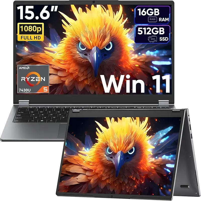 15.6" 2-in-1 Laptop/Tablet with 120Hz Incell Touchscreen,AMD Ryzen 5 7430U (6-Core up to 4.0GHz),16GB RAM 512GB SSD,360° Flip,FHD,Win 11,Backlit Keyboard for Creative Work,Business & Student