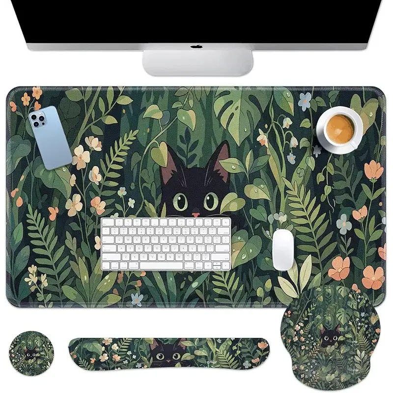 Britimes Green Plants Keyboard Mouse Pad Set Cute Black Cat 4in1 Large Mousepad+Keyboard Wrist Rest+Mouse Wrist Rest+Coaster Ergonomic Design for Home Office Computer 35.4x15.7 inches