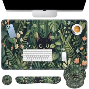 Britimes Green Plants Keyboard Mouse Pad Set Cute Black Cat 4in1 Large Mousepad+Keyboard Wrist Rest+Mouse Wrist Rest+Coaster Ergonomic Design for Home Office Computer 35.4x15.7 inches