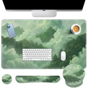 Britimes Green Cloud Keyboard Mouse Pad Set Forest Mountain Aesthetic 4in1 Large Mousepad+Keyboard Wrist Rest+Mouse Wrist Rest+Coaster Ergonomic Design for Home Office Computer 35.4x15.7 inches
