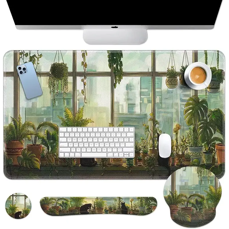 Britimes Cute Cat Keyboard Mouse Pad Set Green Plants 4in1 Large Mousepad+Keyboard Wrist Rest+Mouse Wrist Rest+Coaster Ergonomic Design for Home Office Computer 35.4x15.7 inches