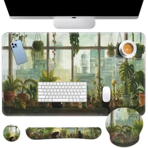 Britimes Cute Cat Keyboard Mouse Pad Set Green Plants 4in1 Large Mousepad+Keyboard Wrist Rest+Mouse Wrist Rest+Coaster Ergonomic Design for Home Office Computer 35.4x15.7 inches