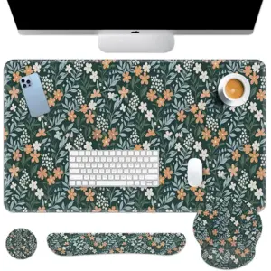 Britimes Green Florals Keyboard Mouse Pad Set Vintage Flower 4in1 Large Mousepad+Keyboard Wrist Rest+Mouse Wrist Rest+Coaster Ergonomic Design for Home Office Computer 35.4x15.7 inches