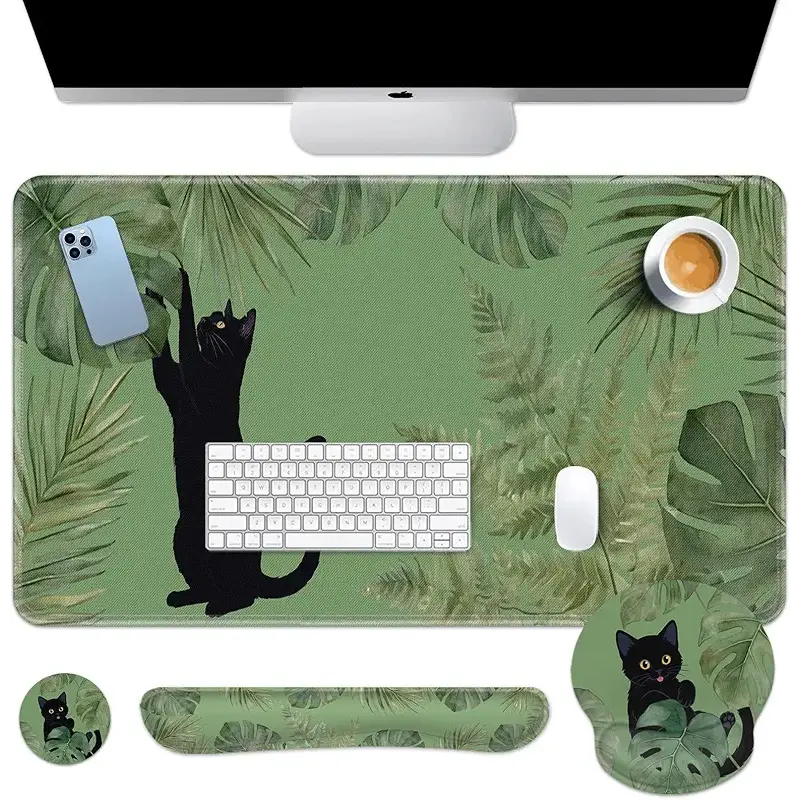 Britimes Sage Olive Green Leaves Keyboard Mouse Pad Set Funny Cute Cat 4in1 Large Mousepad+Keyboard Wrist Rest+Mouse Wrist Rest+Coaster Ergonomic Design for Home Office Computer 35.4x15.7 inches