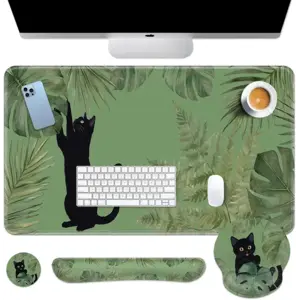 Britimes Sage Olive Green Leaves Keyboard Mouse Pad Set Funny Cute Cat 4in1 Large Mousepad+Keyboard Wrist Rest+Mouse Wrist Rest+Coaster Ergonomic Design for Home Office Computer 35.4x15.7 inches